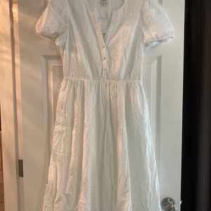 COPY - White J Crew Factory midi dress with puff sleeves, V neck with buttons